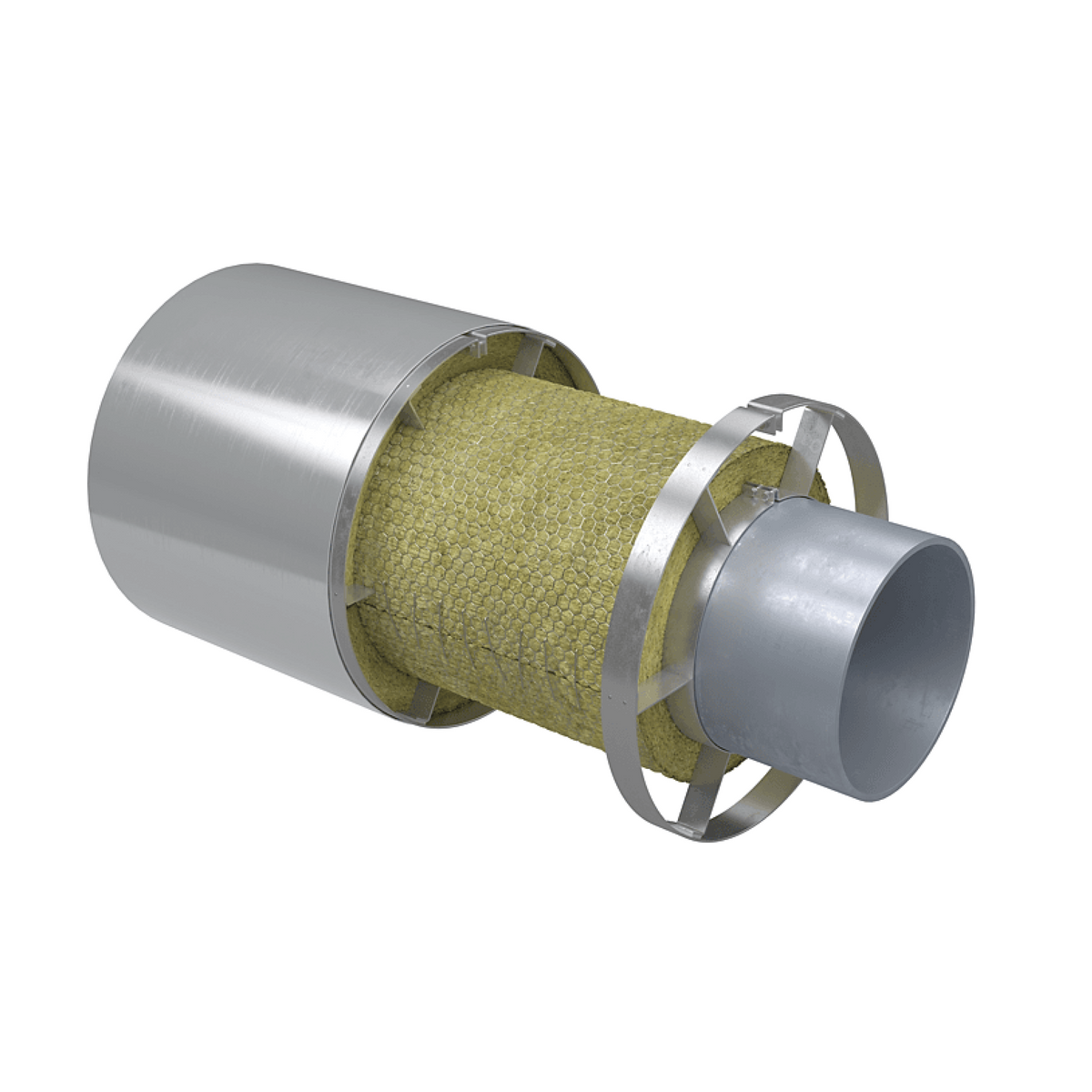 A cylindrical metal duct or filter component with a textured yellow-green fibrous filter element inside, shown on a plain white background.