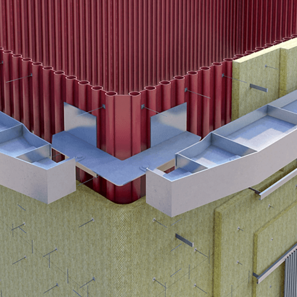 Close-up of a building cladding system with red corrugated metal panels, silver metal flashing and brackets, and light green insulation boards fastened with nails.