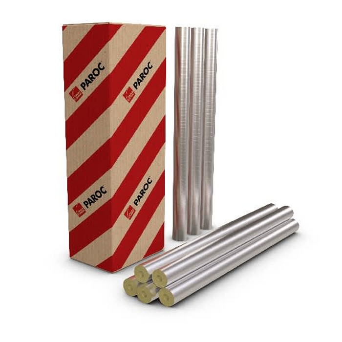 Paroc foil-faced pipe insulation sections next to the branded box packaging