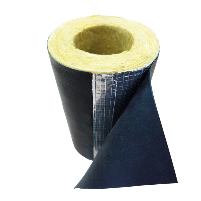 Rockwool pipe insulation section with black PIB cladding, unrolled to show the yellow mineral wool core