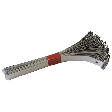 A bundle of steel wire hooks or picks tied together with a red paper band, shown on a plain white background.