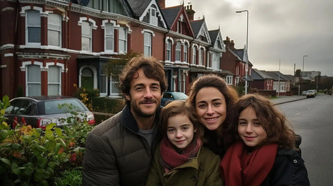 portrait of british family outside their home happy