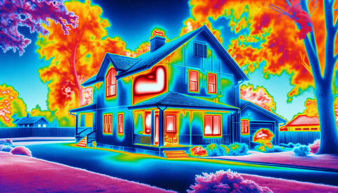 A thermal image of a house, displaying areas of heat loss