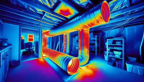A thermal image focusing on ductwork inside a house, showing areas of heat loss.