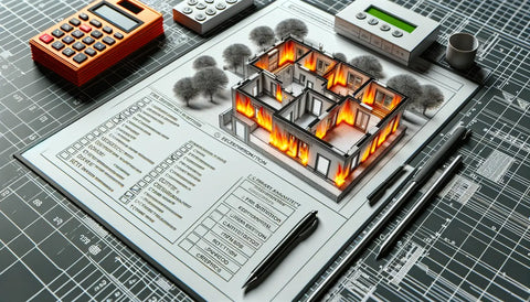 image of a building 3d blueprint with the model on fire. Next to the blueprint, a checklist of fire safety standards and certifications,