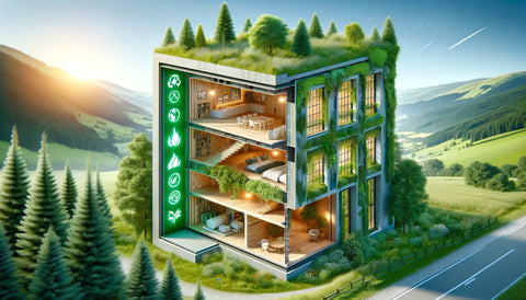 Realistic image of an eco-friendly building with a cutaway view showing sustainable fire rated insulation and symbols for environmental benefits.