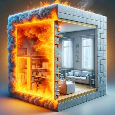 A detailed cross-section view of a building wall. One side is exposed to flames, illustrating the fire resistance of the insulation. The insulation layers are visible, effectively blocking the flames.