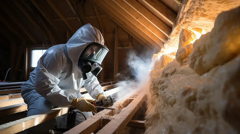 worker in attic installing and testing foam insulation in rafters