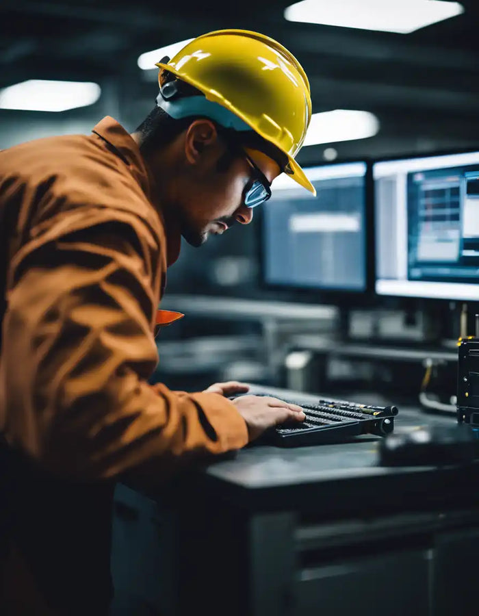 Man in hardhat using computer.