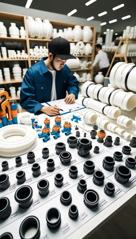 man assembling polyethylene piping parts in a workshop