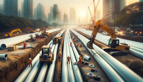 long white polyethylene pipes on a construction site in the middle of a large city with skyscrapers in the background and cinematic lighting