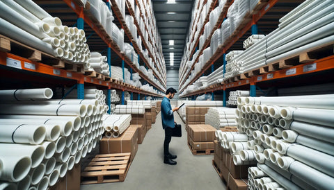 stacks of white polyethylene pipes on rows and shelves in a warehouse