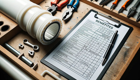 pe pipe on a table with technical drawing tools and a clipboard