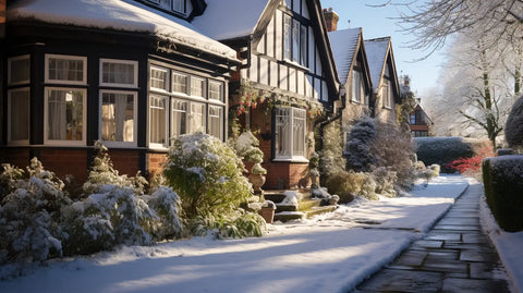 sun shining on a quiet snow covered british home
