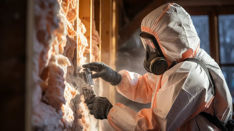 insulation worker spraying foam insulation into a wall