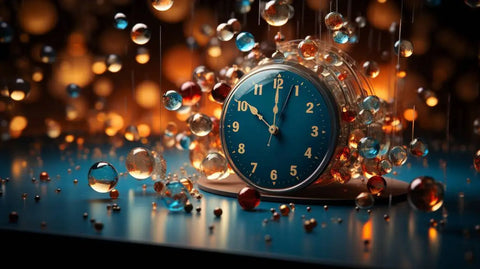 image of a small clock on a reflective table with marble drops raining down signifying the passage and significance of time