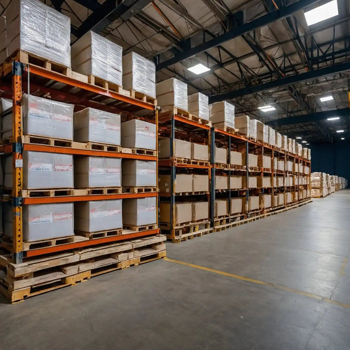 Warehouse shelving with stacked boxes.