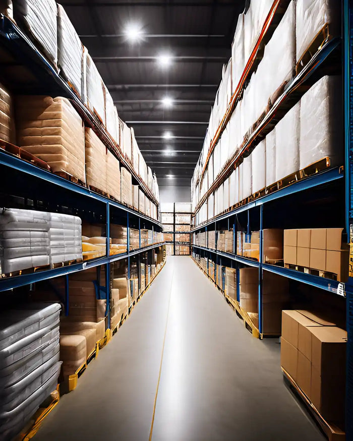 Warehouse storage racks filled with goods.