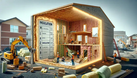 a construction site with a partially built house. One section of the wall is transparent, allowing viewers to see various layers of insulation material inside