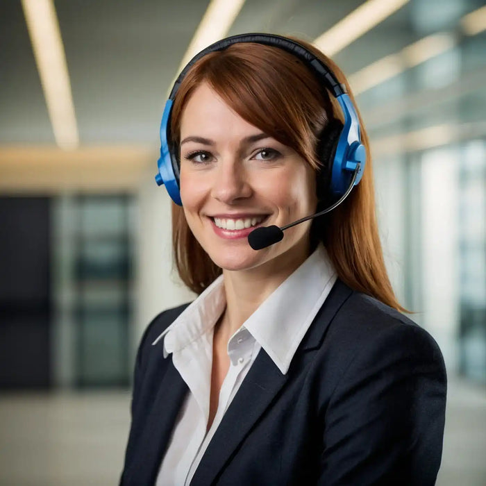 Smiling woman with headset.