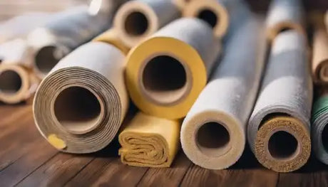 Yellow and gray roll-up insulation material with brown cardboard backing.